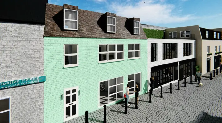 A render of a three-storey, turqouise-fronted building with a roof garden.