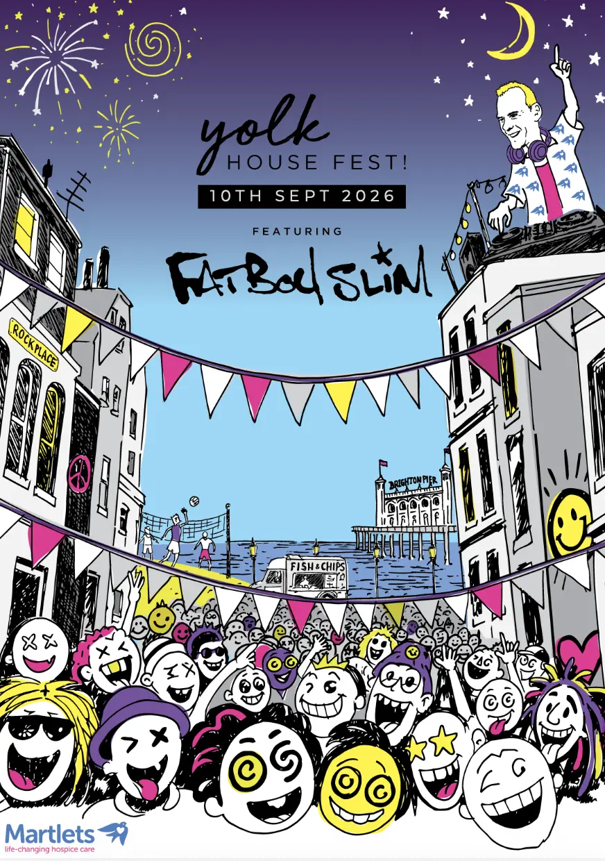 An illustrated poster showing Fatboy Slim DJing to a crowded Brighton side-street with the sea in the background. Text reads: Yolk House Fest! 10th Sept 2026 featuring Fatboy Slim.